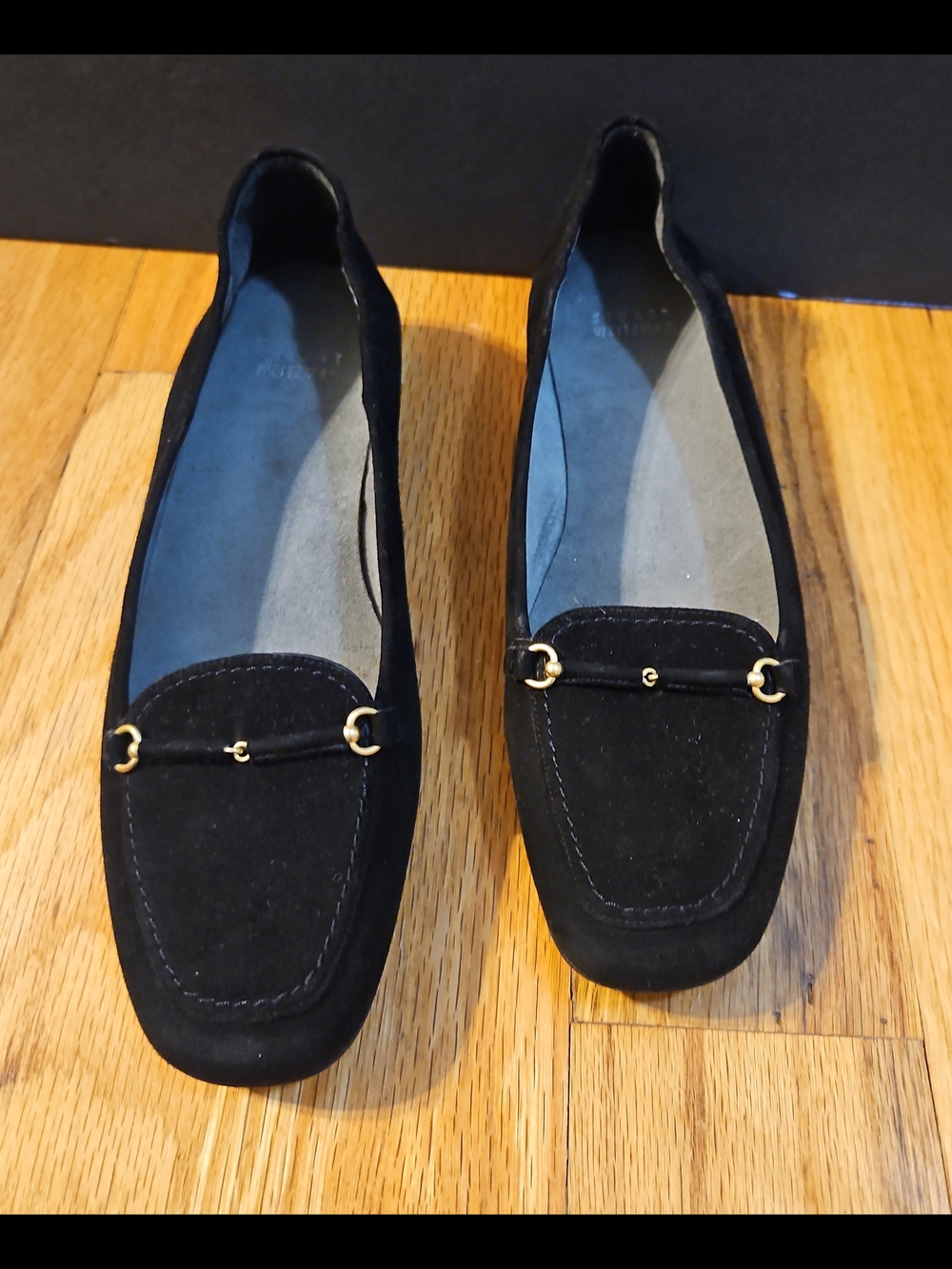 Stuart Weitzman Women's Black Suede Loafers Gold Horsebit Flats Leather Sole Siz